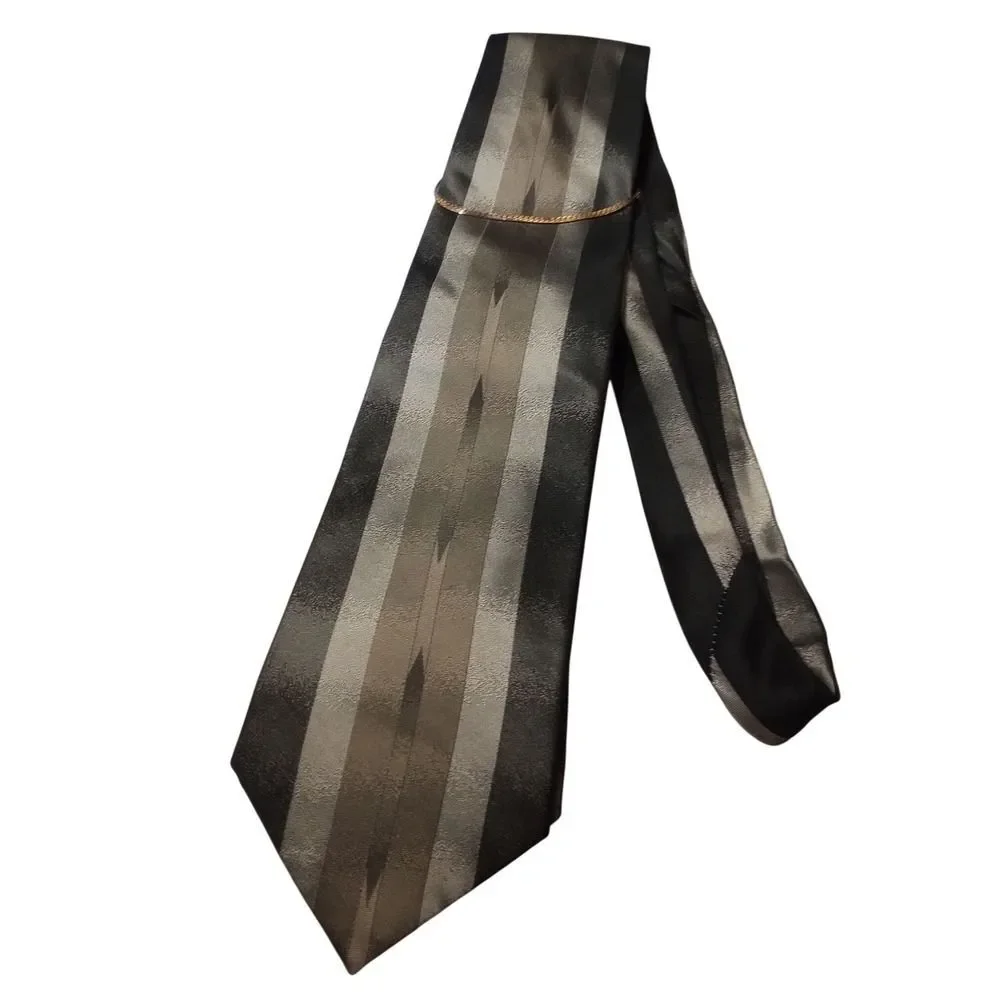 Giorgio Brutini Collezione Men Silk Necktie Black Grey Striped Gold Chain Accent